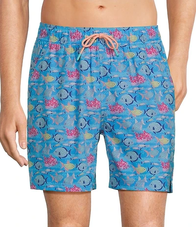 Caribbean Mosaic Fish 6#double; Inseam Swim Trunks