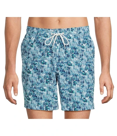 Caribbean Palm Grid 6#double; Inseam Swim Trunks