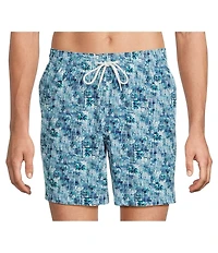 Caribbean Palm Grid 6#double; Inseam Swim Trunks