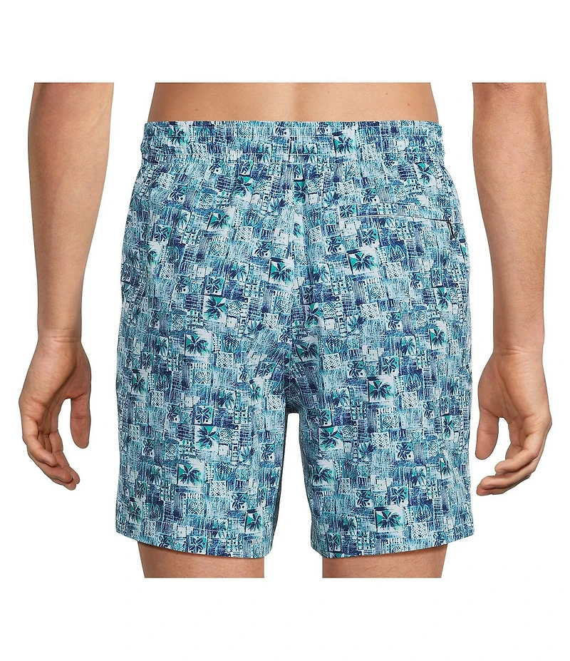 Caribbean Palm Grid 6#double; Inseam Swim Trunks