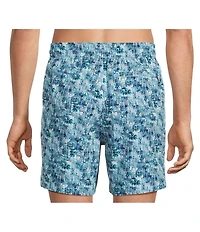 Caribbean Palm Grid 6#double; Inseam Swim Trunks