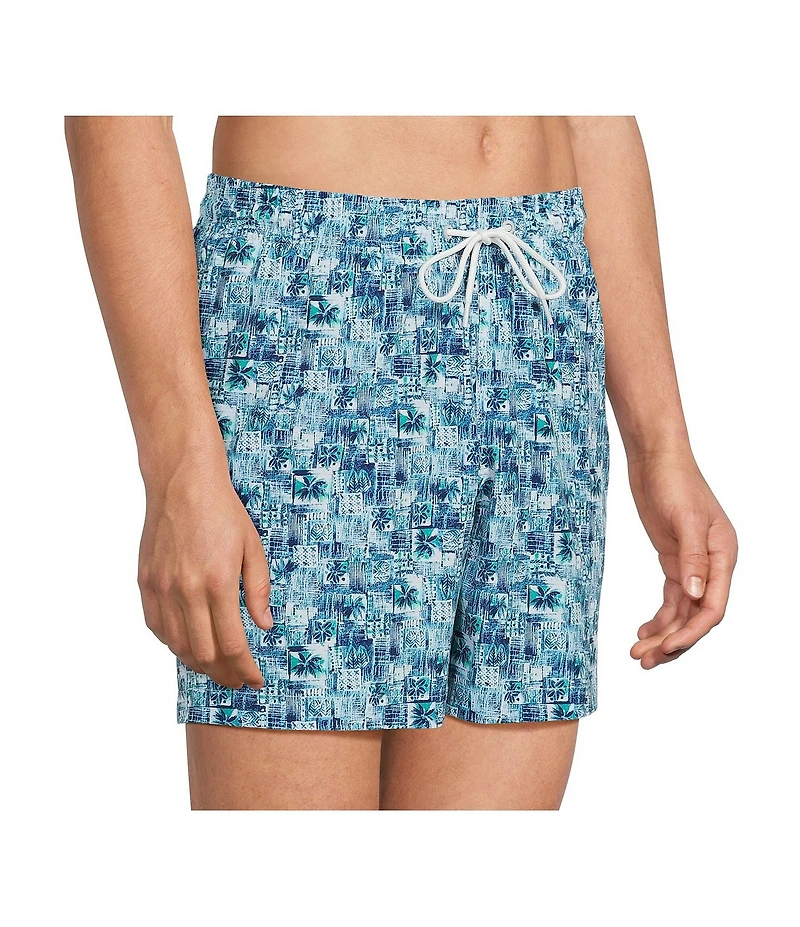 Caribbean Palm Grid 6#double; Inseam Swim Trunks