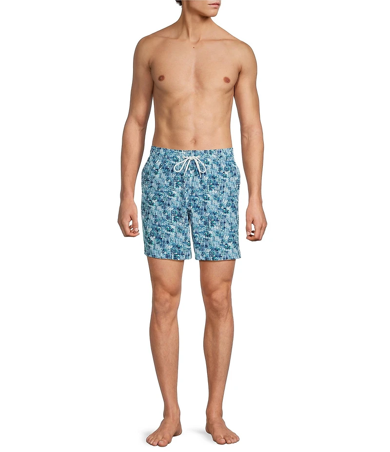 Caribbean Palm Grid 6#double; Inseam Swim Trunks