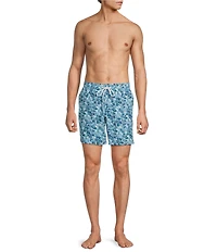 Caribbean Palm Grid 6#double; Inseam Swim Trunks