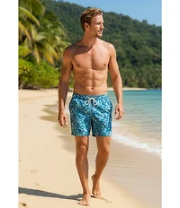 Caribbean Palm Grid 6#double; Inseam Swim Trunks