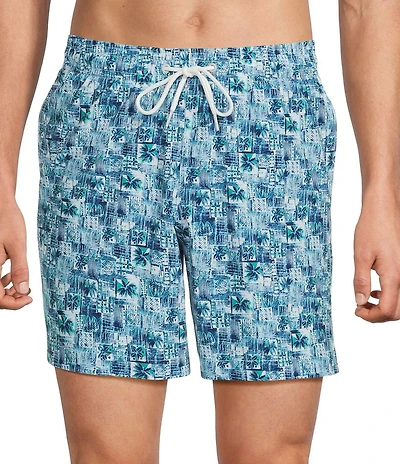 Caribbean Palm Grid 6#double; Inseam Swim Trunks