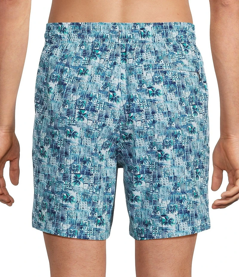Caribbean Palm Grid 6#double; Inseam Swim Trunks