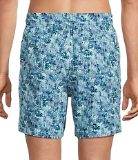 Caribbean Palm Grid 6#double; Inseam Swim Trunks