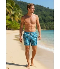 Caribbean Palm Grid 6#double; Inseam Swim Trunks