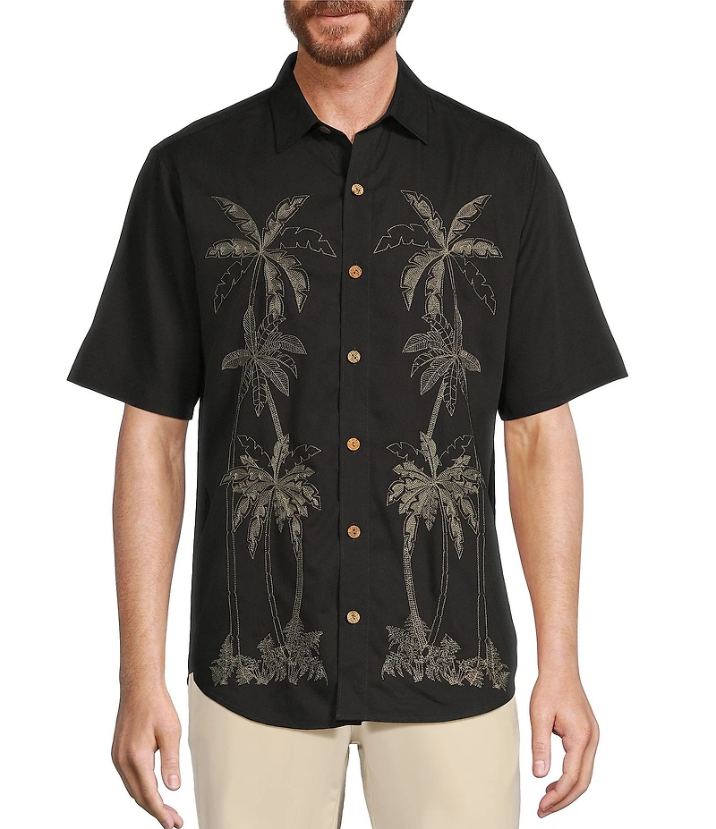 Caribbean Palm Panel Embroidery Short Sleeve Woven Shirt
