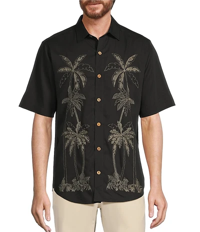 Caribbean Palm Panel Embroidery Short Sleeve Woven Shirt