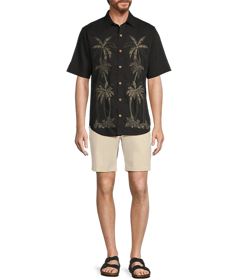Caribbean Palm Panel Embroidery Short Sleeve Woven Shirt