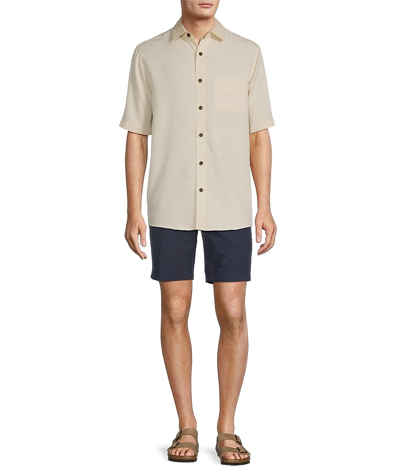 Caribbean Palm Paradise Jacquard Solid Short Sleeve Woven Shirt