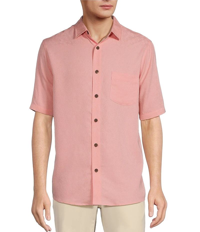 Caribbean Palm Paradise Jacquard Solid Short Sleeve Woven Shirt