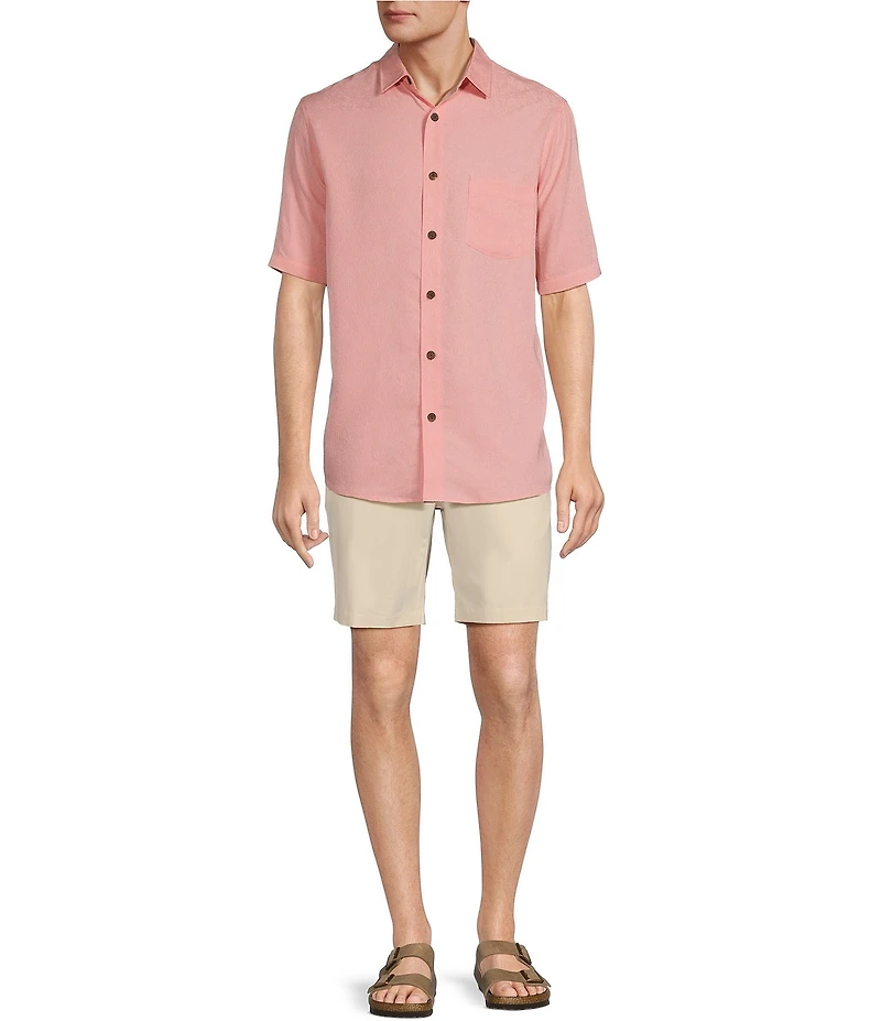 Caribbean Palm Paradise Jacquard Solid Short Sleeve Woven Shirt