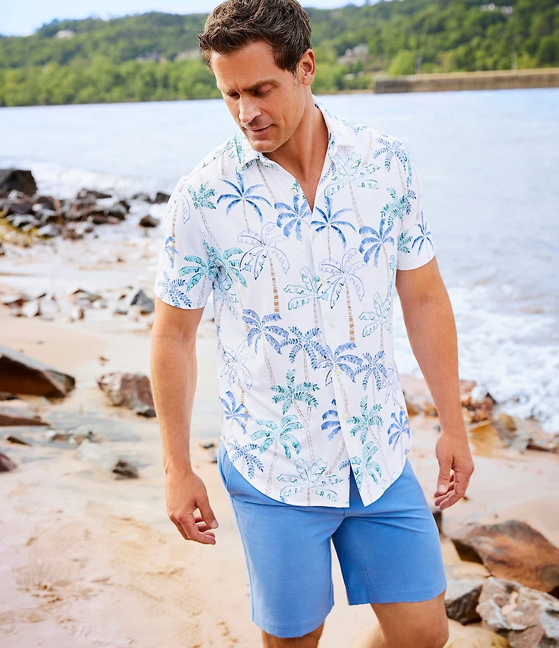 Caribbean Palm Print Performance Stretch Short Sleeve Woven Shirt