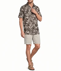 Caribbean Palm Tree Print Short Sleeve Woven Camp Shirt