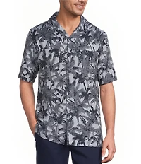 Caribbean Palm Tree Print Short Sleeve Woven Camp Shirt
