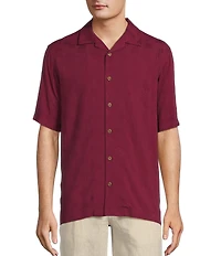 Caribbean Palm Trees Jacquard Short Sleeve Woven Camp Shirt
