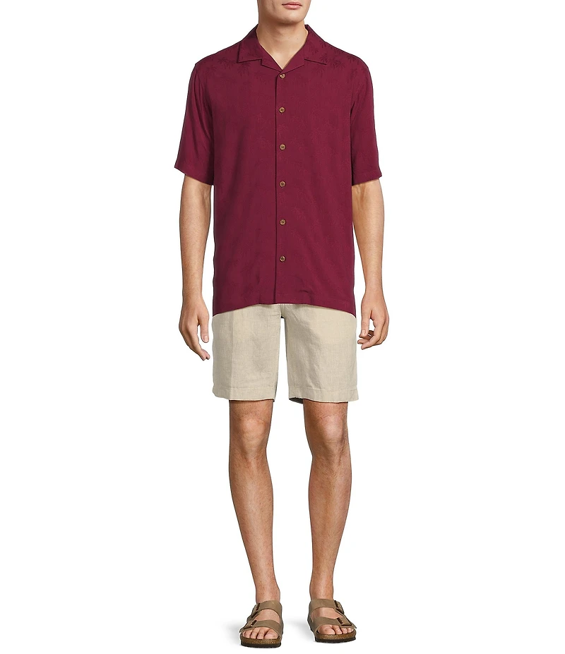 Caribbean Palm Trees Jacquard Short Sleeve Woven Camp Shirt