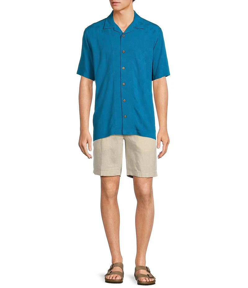 Caribbean Palm Trees Jacquard Short Sleeve Woven Camp Shirt