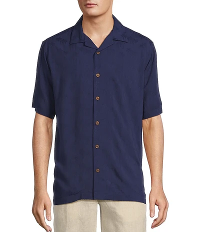 Caribbean Palm Trees Jacquard Short Sleeve Woven Camp Shirt