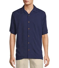 Caribbean Palm Trees Jacquard Short Sleeve Woven Camp Shirt