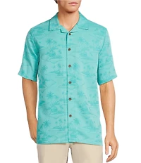 Caribbean Paradise Island Textured Short Sleeve Woven Camp Shirt