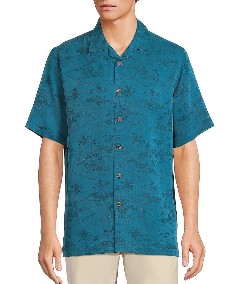 Caribbean Paradise Island Textured Short Sleeve Woven Camp Shirt