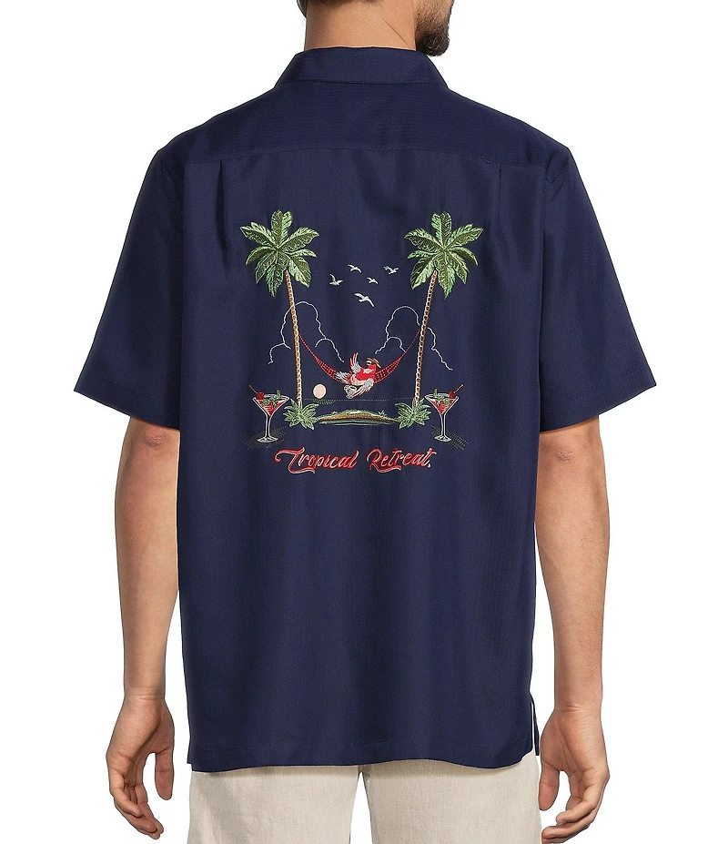 Caribbean Placed Embroidery Short Sleeve Button Front Woven Shirt