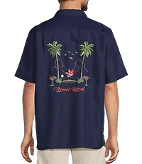 Caribbean Placed Embroidery Short Sleeve Button Front Woven Shirt