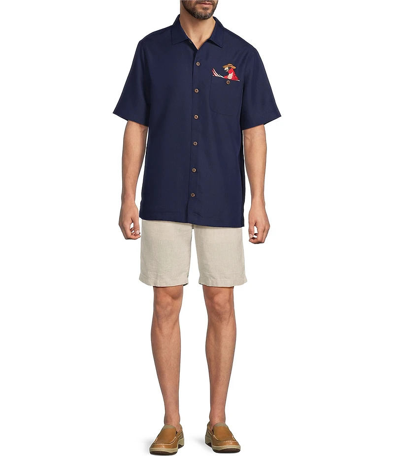 Caribbean Placed Embroidery Short Sleeve Button Front Woven Shirt