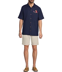 Caribbean Placed Embroidery Short Sleeve Button Front Woven Shirt