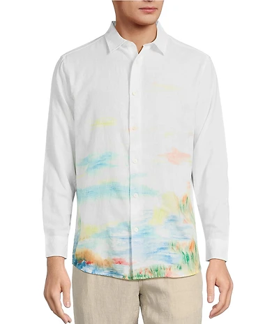 Caribbean Placed Watercolor Print Linen Long Sleeve Woven Shirt