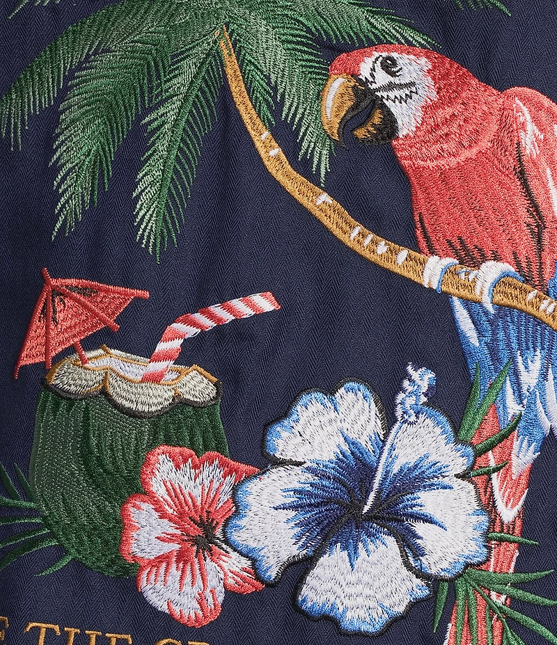 Caribbean Polly Want A Cocktail Embroidered Short Sleeve Woven Shirt