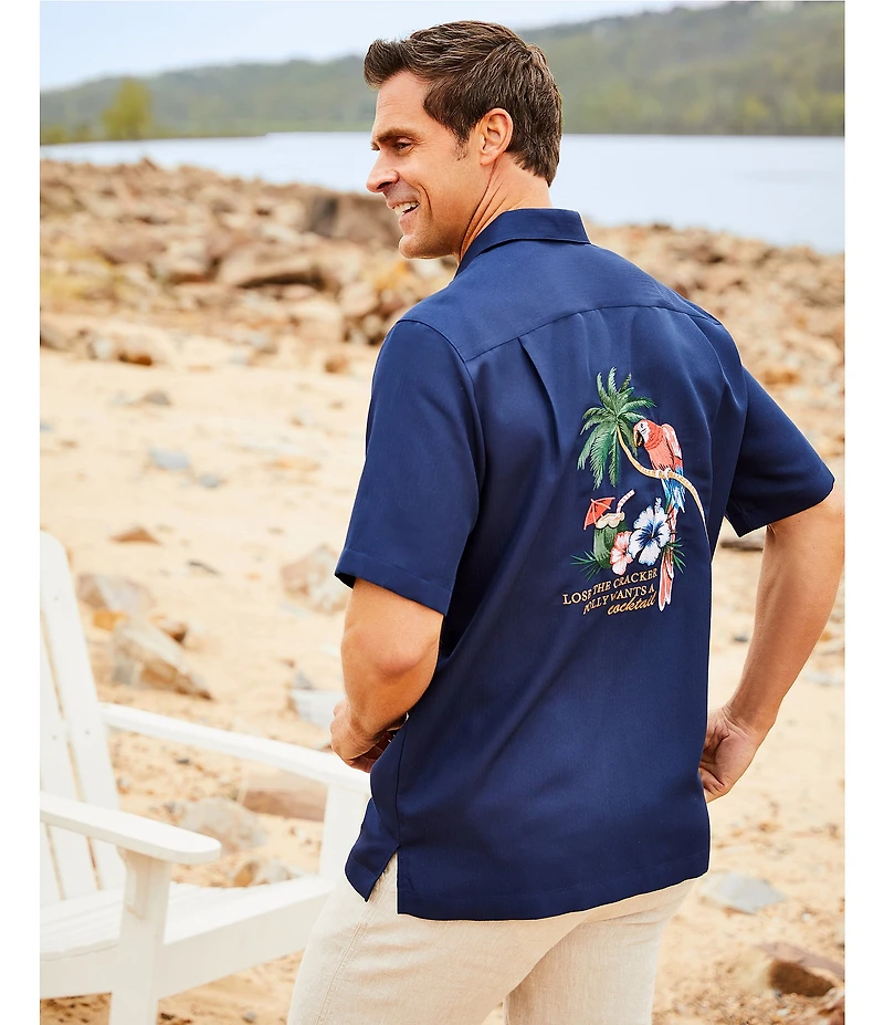 Caribbean Polly Want A Cocktail Embroidered Short Sleeve Woven Shirt