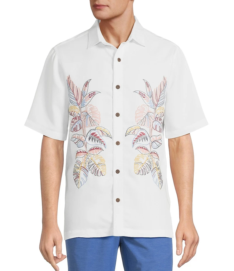 Caribbean Relaxed Fit Leaf Panel Embroidery Short Sleeve Woven Shirt