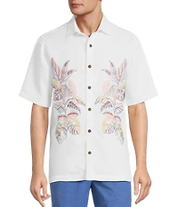 Caribbean Relaxed Fit Leaf Panel Embroidery Short Sleeve Woven Shirt