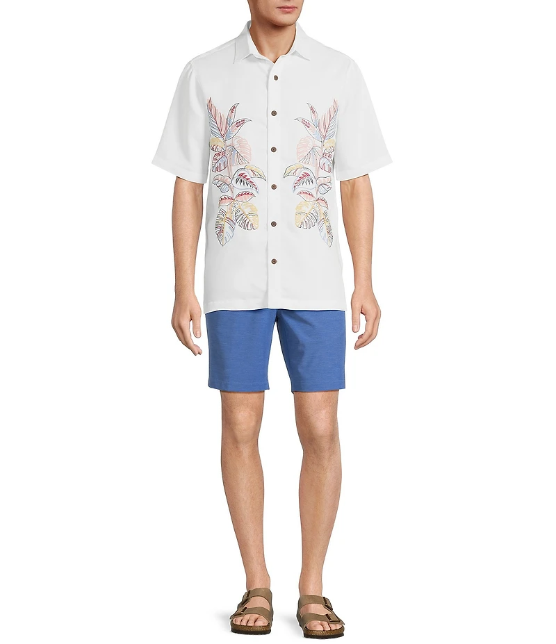 Caribbean Relaxed Fit Leaf Panel Embroidery Short Sleeve Woven Shirt