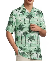 Caribbean Scenic Tropical Print Short Sleeve Woven Camp Shirt