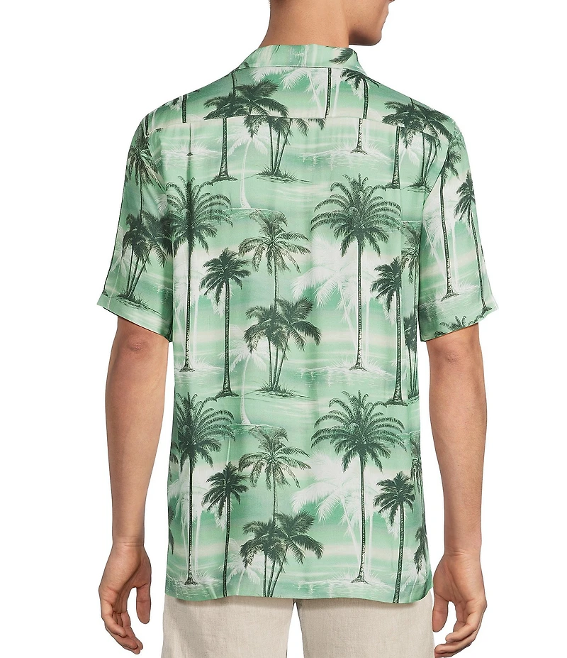 Caribbean Scenic Tropical Print Short Sleeve Woven Camp Shirt