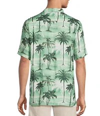 Caribbean Scenic Tropical Print Short Sleeve Woven Camp Shirt