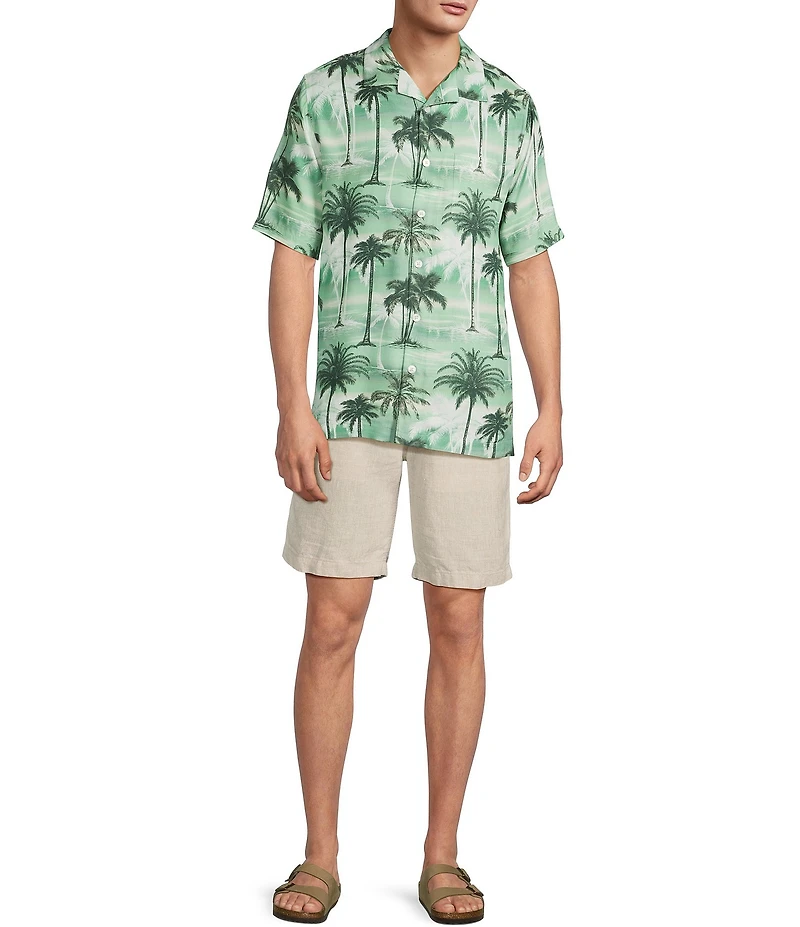 Caribbean Scenic Tropical Print Short Sleeve Woven Camp Shirt