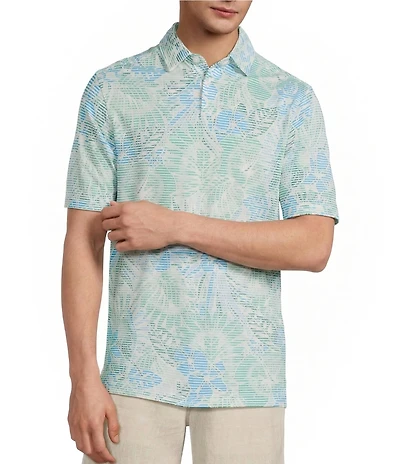 Caribbean Seersucker Leaf Print Short Sleeve Polo Shirt