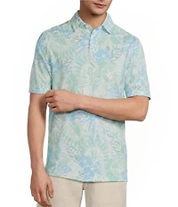 Caribbean Seersucker Leaf Print Short Sleeve Polo Shirt