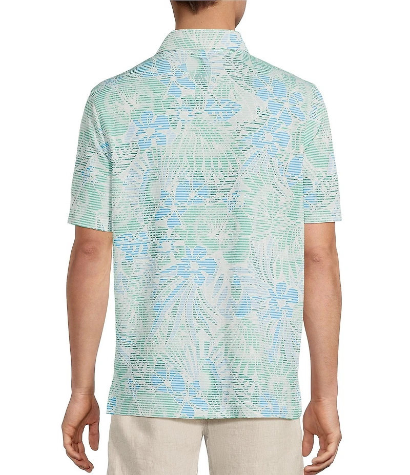 Caribbean Seersucker Leaf Print Short Sleeve Polo Shirt