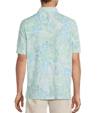 Caribbean Seersucker Leaf Print Short Sleeve Polo Shirt