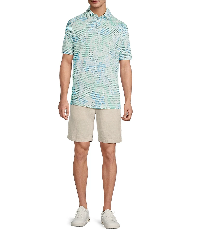 Caribbean Seersucker Leaf Print Short Sleeve Polo Shirt