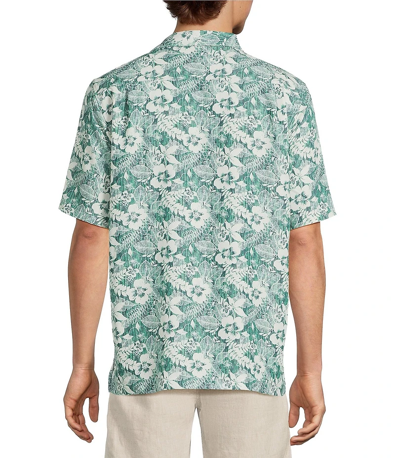 Caribbean Shadow Topical Floral Print Short Sleeve Woven Camp Shirt
