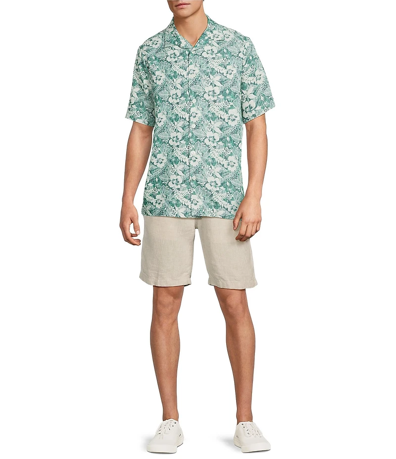 Caribbean Shadow Topical Floral Print Short Sleeve Woven Camp Shirt